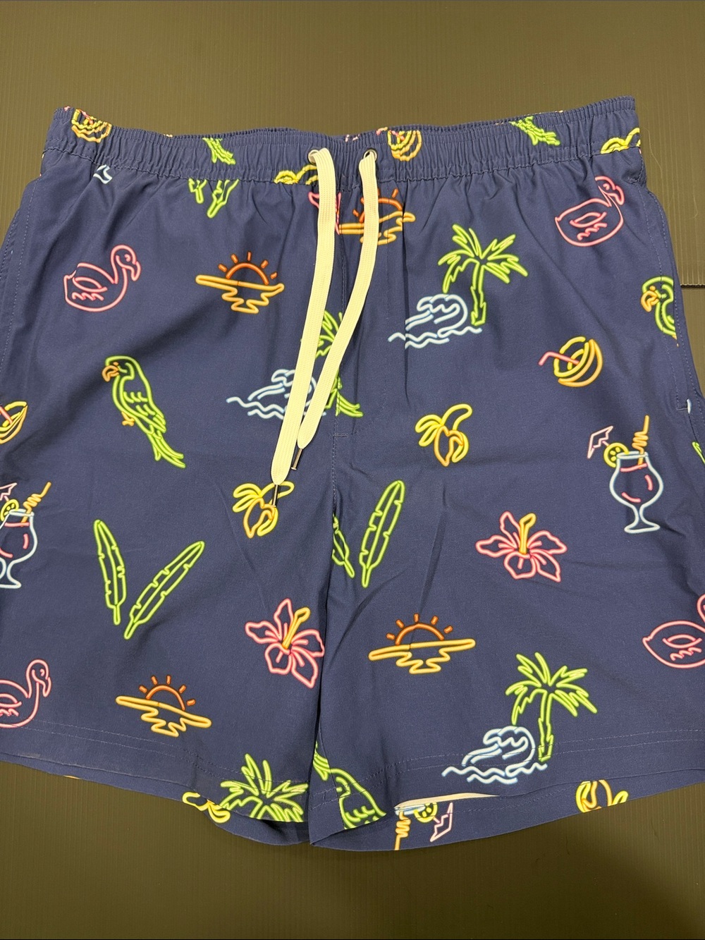 Sonoma Navy Swim Trunks with Neon Tropical Icons